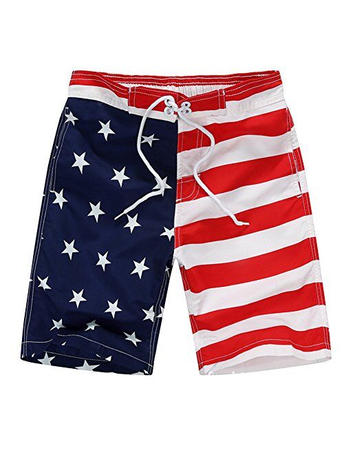 Aulase Kids Boys Classic American Flag Swim Trunks Drawstring Stripe Boardshorts with Pockets