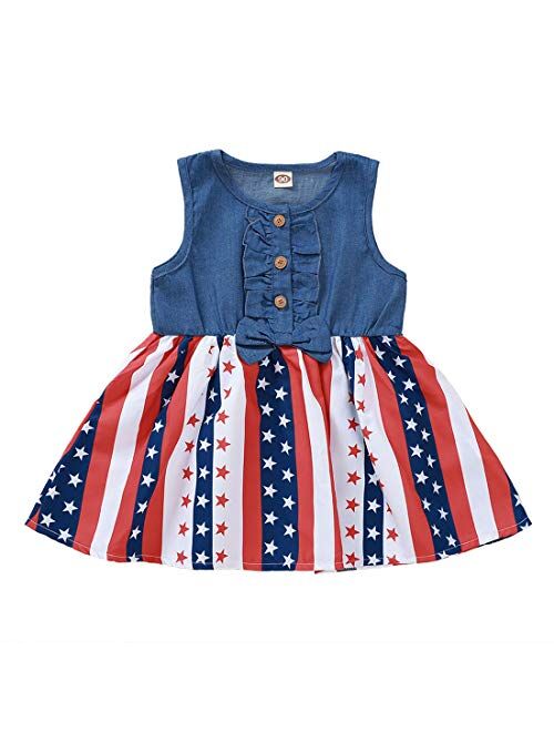 GUMEMO 4th of July Outfit Toddler Baby Girl Sleeveless American Flag Skirt Denim Tutu Dress Tunic Tops