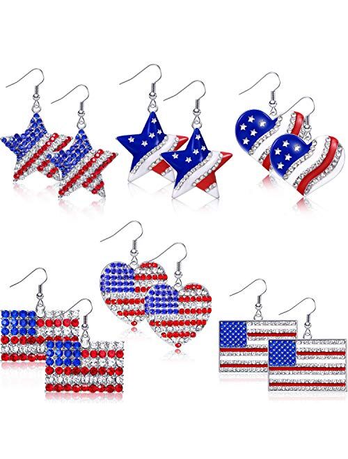 6 Pairs American Flag Earrings 4th of July Earrings Drop Patriotic Star Heart Shape Earring Independence Day Gift Jewelry Accessory