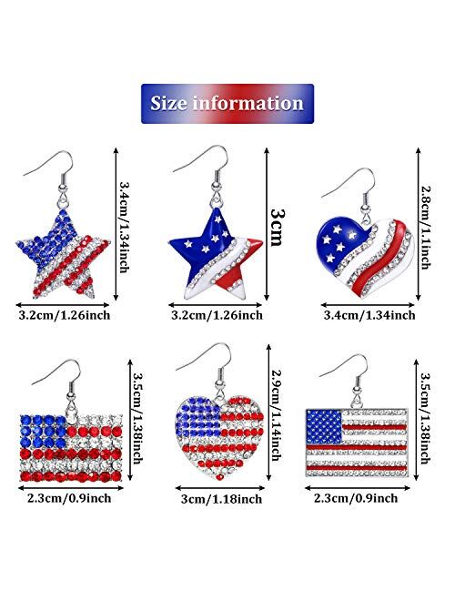 6 Pairs American Flag Earrings 4th of July Earrings Drop Patriotic Star Heart Shape Earring Independence Day Gift Jewelry Accessory