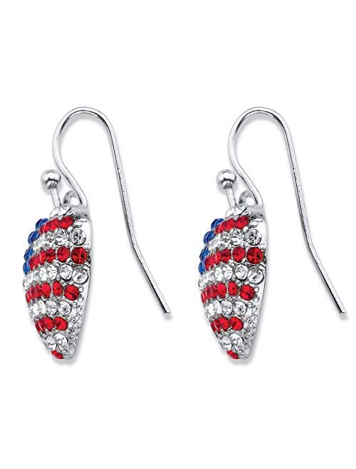 Silvertone Round Red, White and Blue Crystal American Flag Heart Drop Earrings (16x15mm)