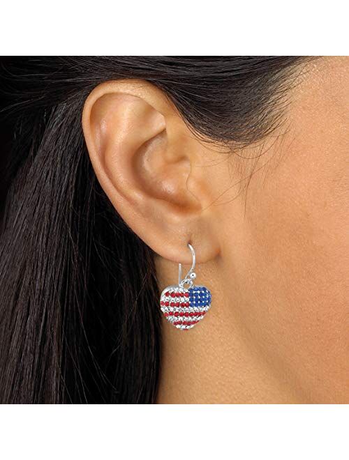 Silvertone Round Red, White and Blue Crystal American Flag Heart Drop Earrings (16x15mm)