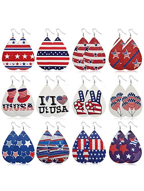 fzbali July 4th Women Faux Leather Teardrop Earrings American Flag Patriotic USA Jewelry Accessory