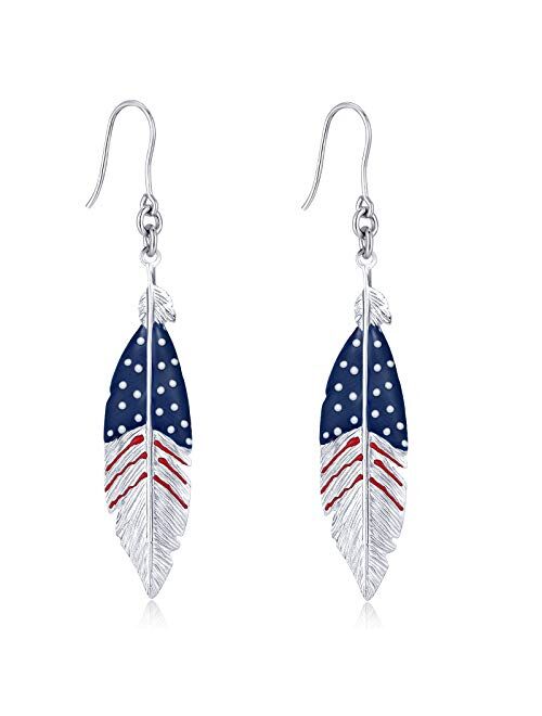 GiftsFromTheHeart 925 Sterling Silver Feather Earrings US flag Size L - Handmade in Italy