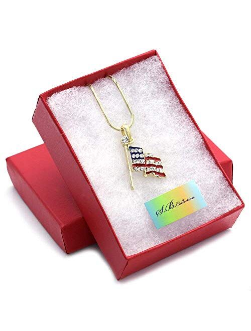 Soulbreezecollection Patriotic Red White Blue American USA US Flag Star Necklace Pendant Rhinestones 4th of July Jewelry