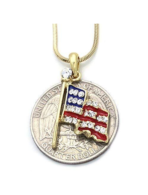 Soulbreezecollection Patriotic Red White Blue American USA US Flag Star Necklace Pendant Rhinestones 4th of July Jewelry