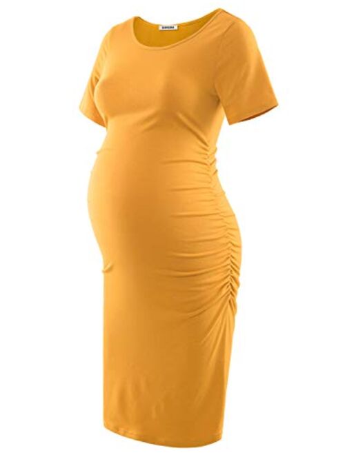 GINKANA Maternity Bodycon Dress Short Sleeve Ruched Sides Casual Pregnancy Clothes