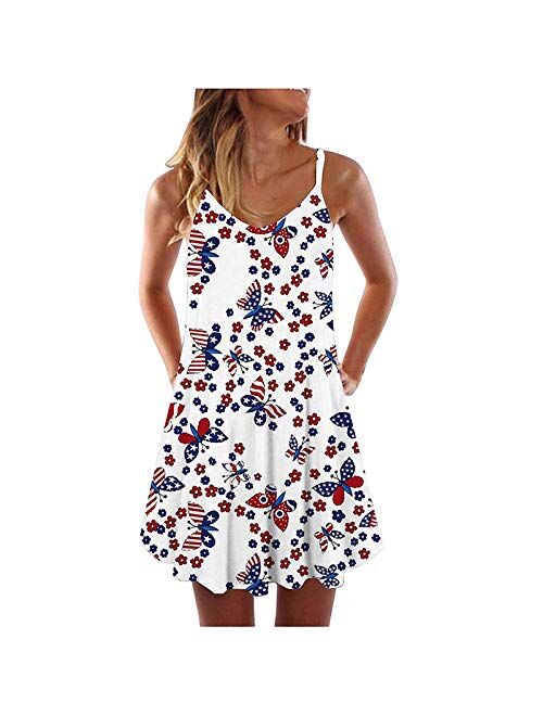 Women's American Flag Print Dress Summer Casual Patriotic Crewneck Cami Dress Loose Comfy Independence Day Sundress