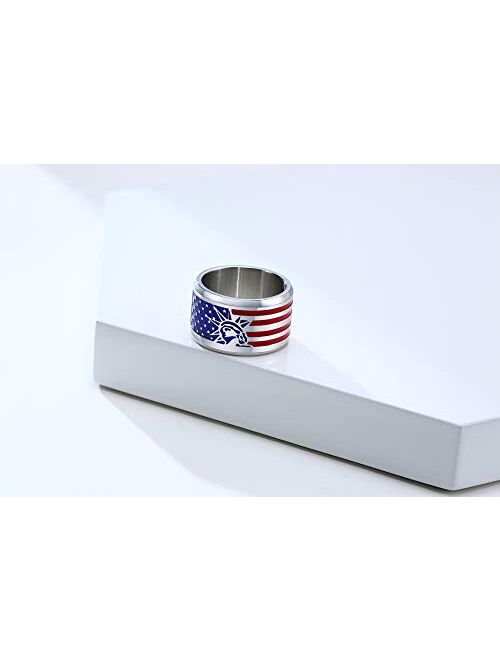 Hisatan Patriotic Jewelry American Flag Biker Ring,Statue of Liberty Flag Band for Men,Travel Transportation Destination Jewelry,His Gifts