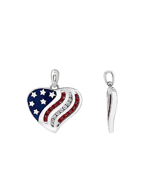 J'ADMIRE Platinum Plated Sterling Silver Swarovski Zirconia American Flag Heart Pendant Necklace, 18"