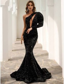 One Shoulder Cut Out Mermaid Hem Sequin Prom Dress