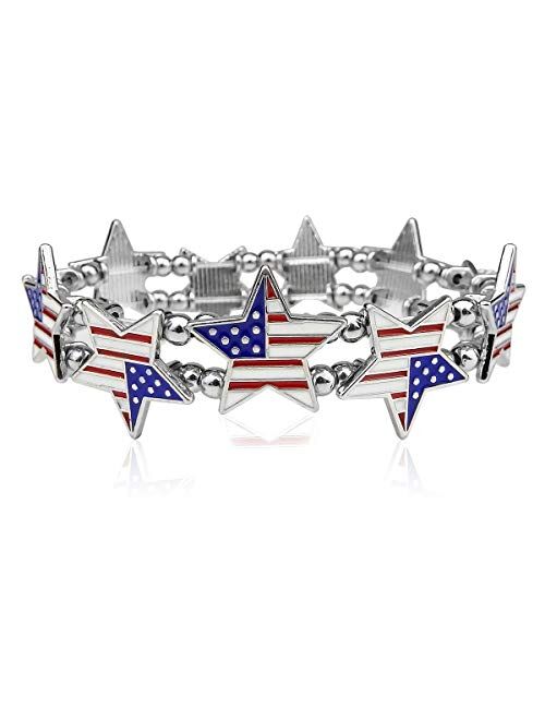 Handmade USA American Flag Patriotic Red Blue Bangle Bracelet,Independence Day Charm Bracelet Gift for Girls Women,4th of July Party Accessories Jewelry