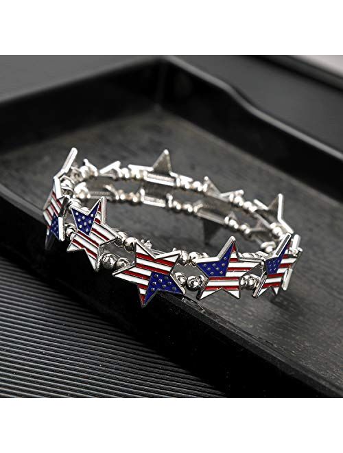 Handmade USA American Flag Patriotic Red Blue Bangle Bracelet,Independence Day Charm Bracelet Gift for Girls Women,4th of July Party Accessories Jewelry