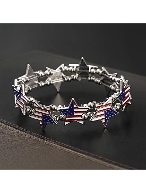 Handmade USA American Flag Patriotic Red Blue Bangle Bracelet,Independence Day Charm Bracelet Gift for Girls Women,4th of July Party Accessories Jewelry