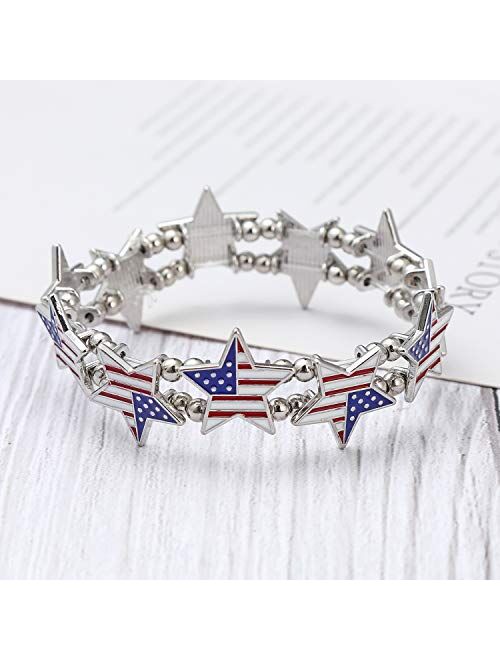 Handmade USA American Flag Patriotic Red Blue Bangle Bracelet,Independence Day Charm Bracelet Gift for Girls Women,4th of July Party Accessories Jewelry