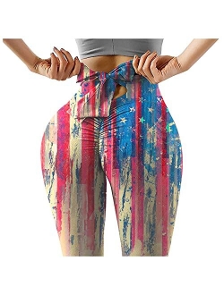 4th of July Leggings for Women, Independence Day American Flag Stars and Stripes Patriotic Pants Workout Running Tights