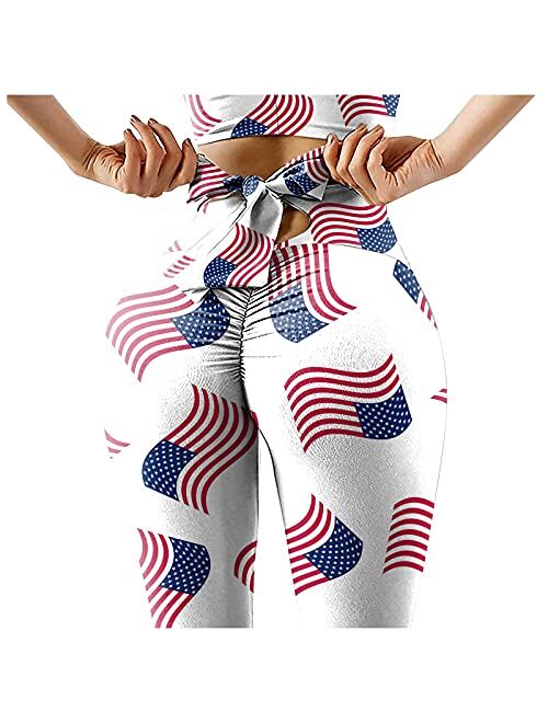 4th of July Leggings for Women, Independence Day American Flag Stars and Stripes Patriotic Pants Workout Running Tights