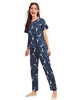 Women's Cute Printed Pajama Set Short Sleeve Top and Pants with Eye Mask