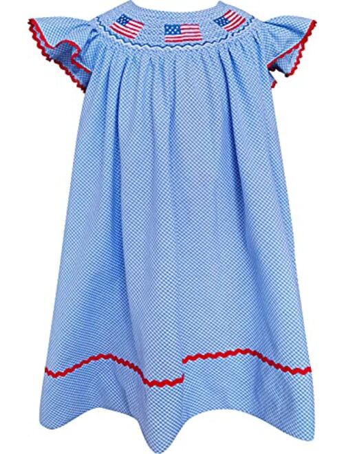 Angeline Baby Girls July 4th Independence Memorial Day Patriotic Red White Blue Embroidery Machine Smocked Dresses