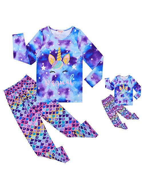 QPANCY Matching Girls&Dolls Pjs Set Kids Pajamas Long Sleeve Fall Winter Sleepwear