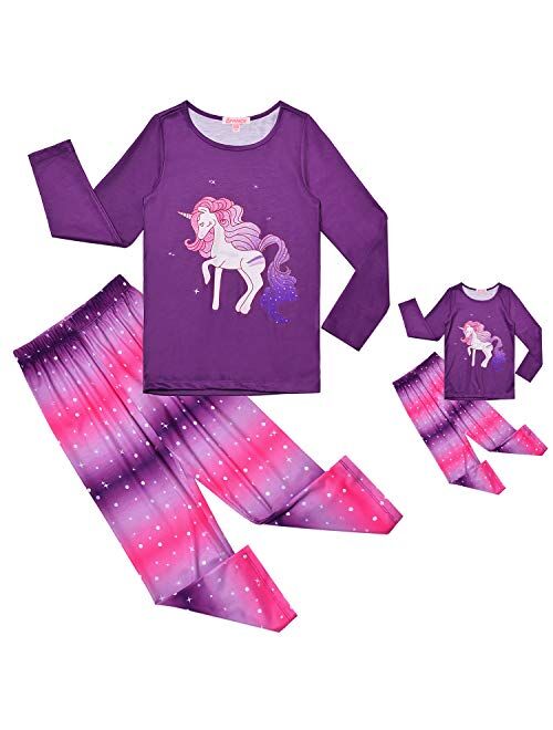 QPANCY Matching Girls&Dolls Pjs Set Kids Pajamas Long Sleeve Fall Winter Sleepwear