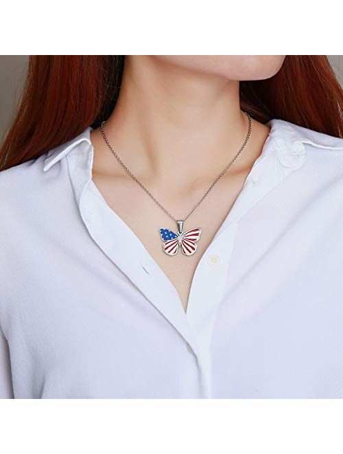 Patriotic Jewelry American Flag Necklace,Stainless Steel Butterfly Pendant for Women Best Friend