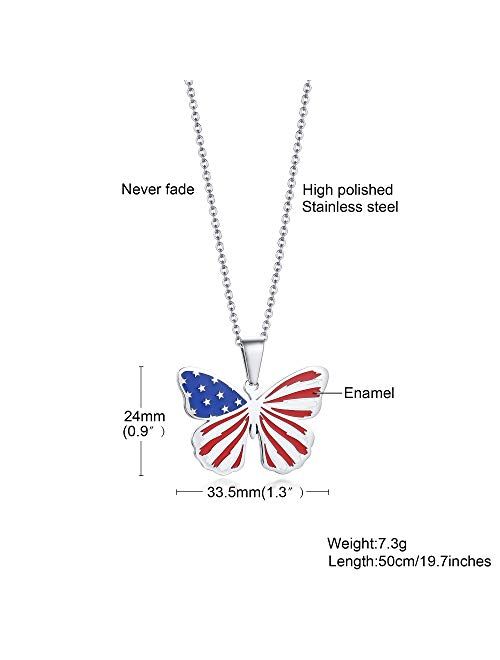 Patriotic Jewelry American Flag Necklace,Stainless Steel Butterfly Pendant for Women Best Friend