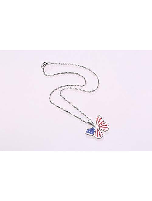 Patriotic Jewelry American Flag Necklace,Stainless Steel Butterfly Pendant for Women Best Friend