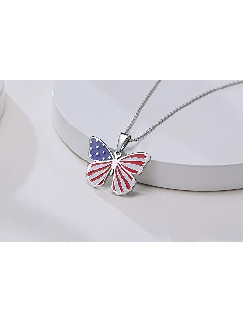 Patriotic Jewelry American Flag Necklace,Stainless Steel Butterfly Pendant for Women Best Friend