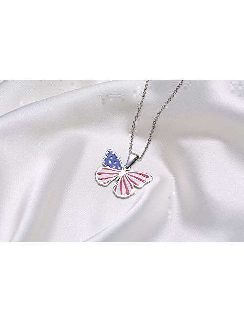 Patriotic Jewelry American Flag Necklace,Stainless Steel Butterfly Pendant for Women Best Friend