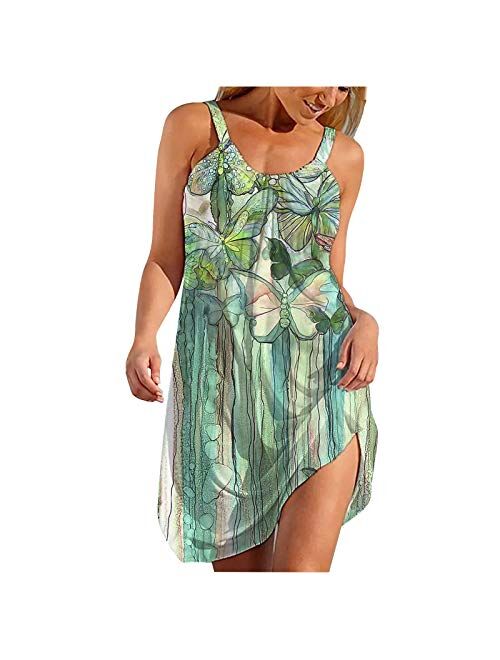 Oiumov Summer Dresses for Women Beach American Flag Patriotic Cute Dress Sundress Sleeveless Casual Boho Tank Dress