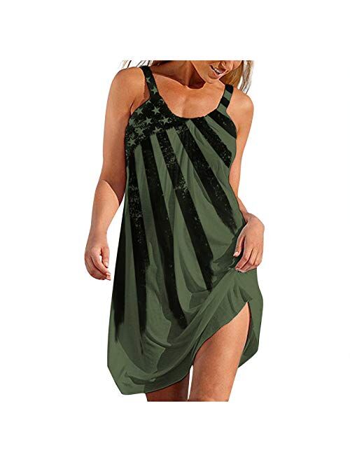 Oiumov Summer Dresses for Women Beach American Flag Patriotic Cute Dress Sundress Sleeveless Casual Boho Tank Dress