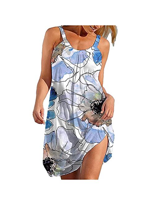 Oiumov Summer Dresses for Women Beach American Flag Patriotic Cute Dress Sundress Sleeveless Casual Boho Tank Dress