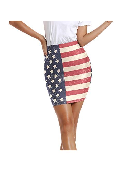 LUPINZ Women’s Stretchy Fitted Mini Skirt Patriotic Background Bodycon Above The Knee