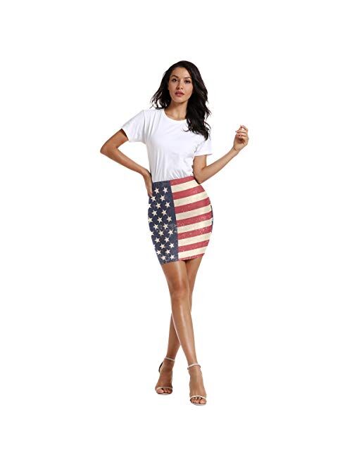 LUPINZ Women’s Stretchy Fitted Mini Skirt Patriotic Background Bodycon Above The Knee