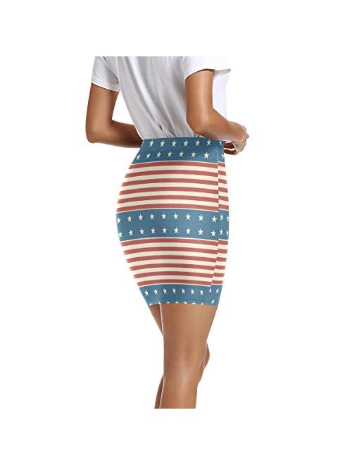 LUPINZ Women’s Stretchy Fitted Mini Skirt Patriotic Pattern Bodycon Above The Knee