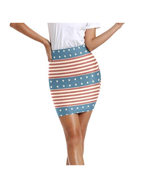 LUPINZ Women’s Stretchy Fitted Mini Skirt Patriotic Pattern Bodycon Above The Knee