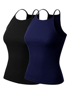 MixMatchy Women's Simple Casual Basic Active High Neck Ribbed Tank Top