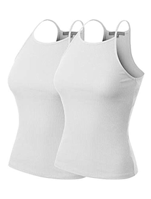 MixMatchy Women's Simple Casual Basic Active High Neck Ribbed Tank Top