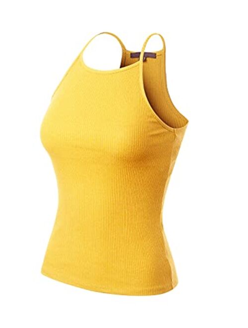 MixMatchy Women's Simple Casual Basic Active High Neck Ribbed Tank Top