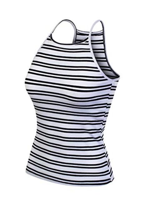 MixMatchy Women's Simple Casual Basic Active High Neck Ribbed Tank Top