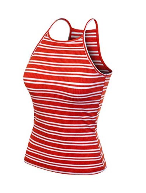 MixMatchy Women's Simple Casual Basic Active High Neck Ribbed Tank Top