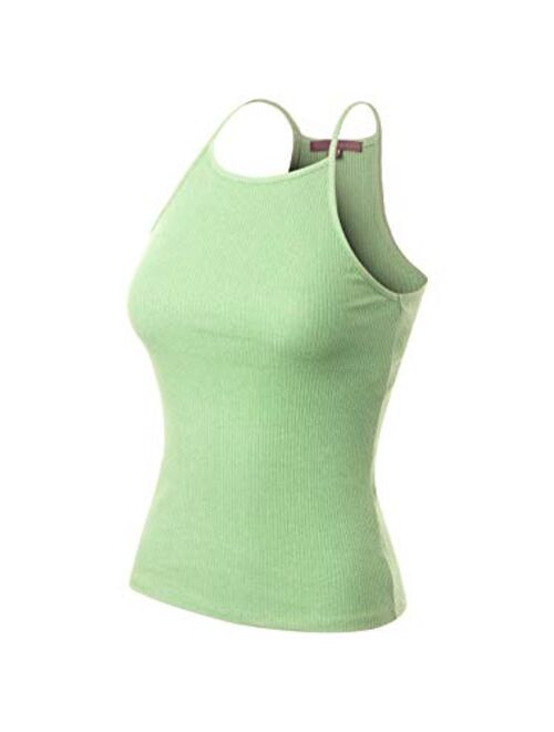 MixMatchy Women's Simple Casual Basic Active High Neck Ribbed Tank Top