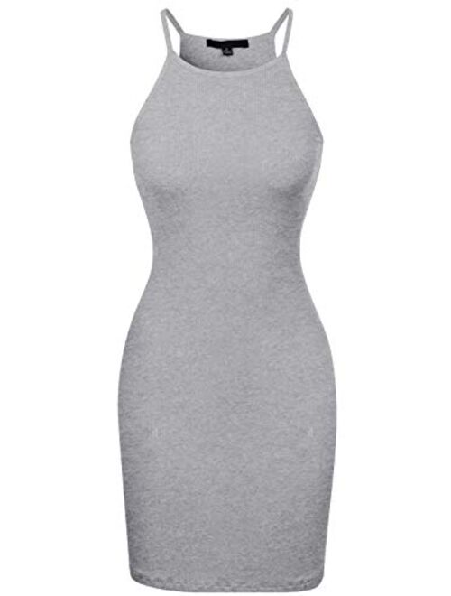 MixMatchy Women's Solid Rib Knit Halter Neckline Mini Bodycon Dress