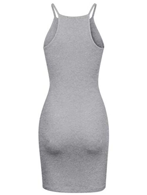 MixMatchy Women's Solid Rib Knit Halter Neckline Mini Bodycon Dress