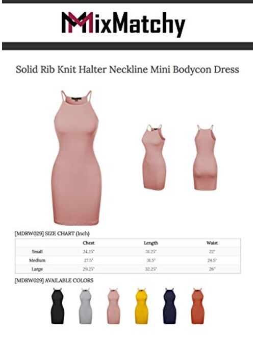 MixMatchy Women's Solid Rib Knit Halter Neckline Mini Bodycon Dress