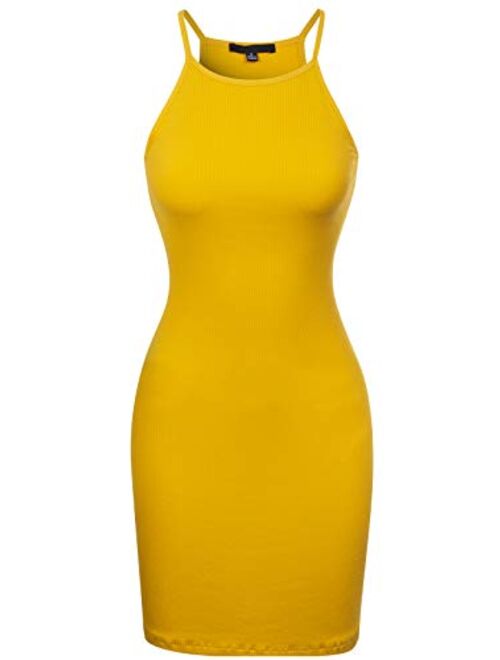 MixMatchy Women's Solid Rib Knit Halter Neckline Mini Bodycon Dress