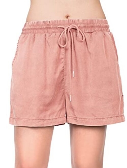 MixMatchy Women's Casual Elastic Band with Drawstring Waist Tencel Beach Shorts