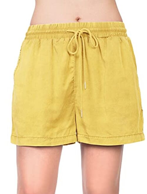 MixMatchy Women's Casual Elastic Band with Drawstring Waist Tencel Beach Shorts