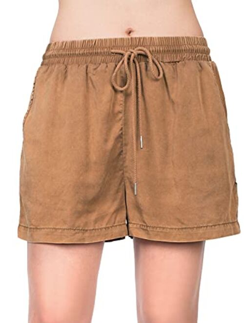 MixMatchy Women's Casual Elastic Band with Drawstring Waist Tencel Beach Shorts